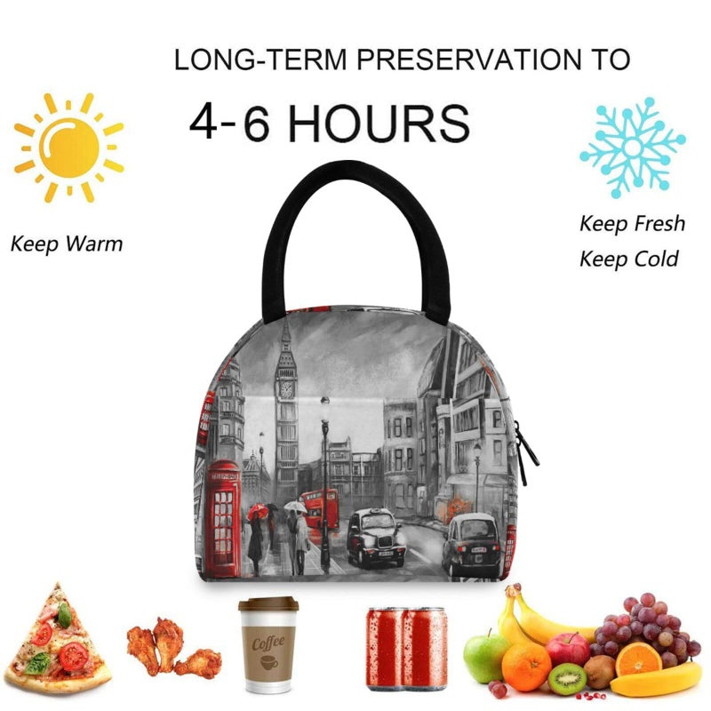 ZzWwR Stylish London Street View Big Ben Reusable Lunch Tote Bag with Front Pocket Zipper Closure Insulated Thermal Cooler Container Bag for Man Women Work Picnic Travel Beach Fishing - Image 4